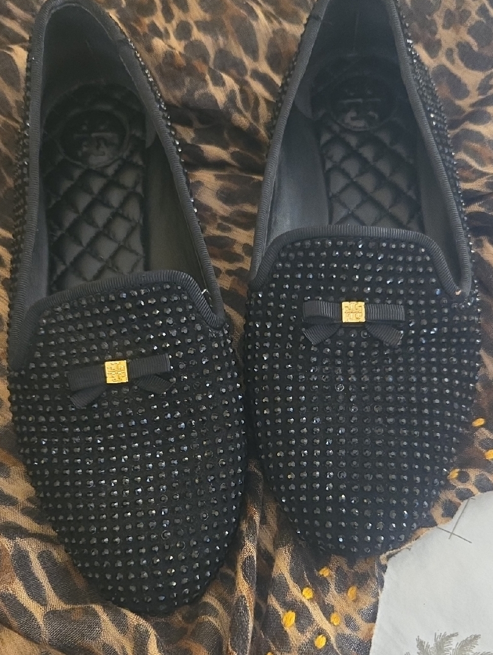 TORY BURCH Black Embellished Studded Loafers with Bow Accent